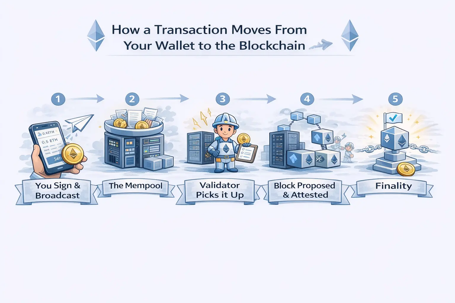 How a transaction moves from your wallet to the blockchain