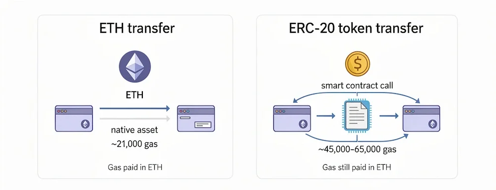 Transferring ETH vs transferring ERC-20 tokens