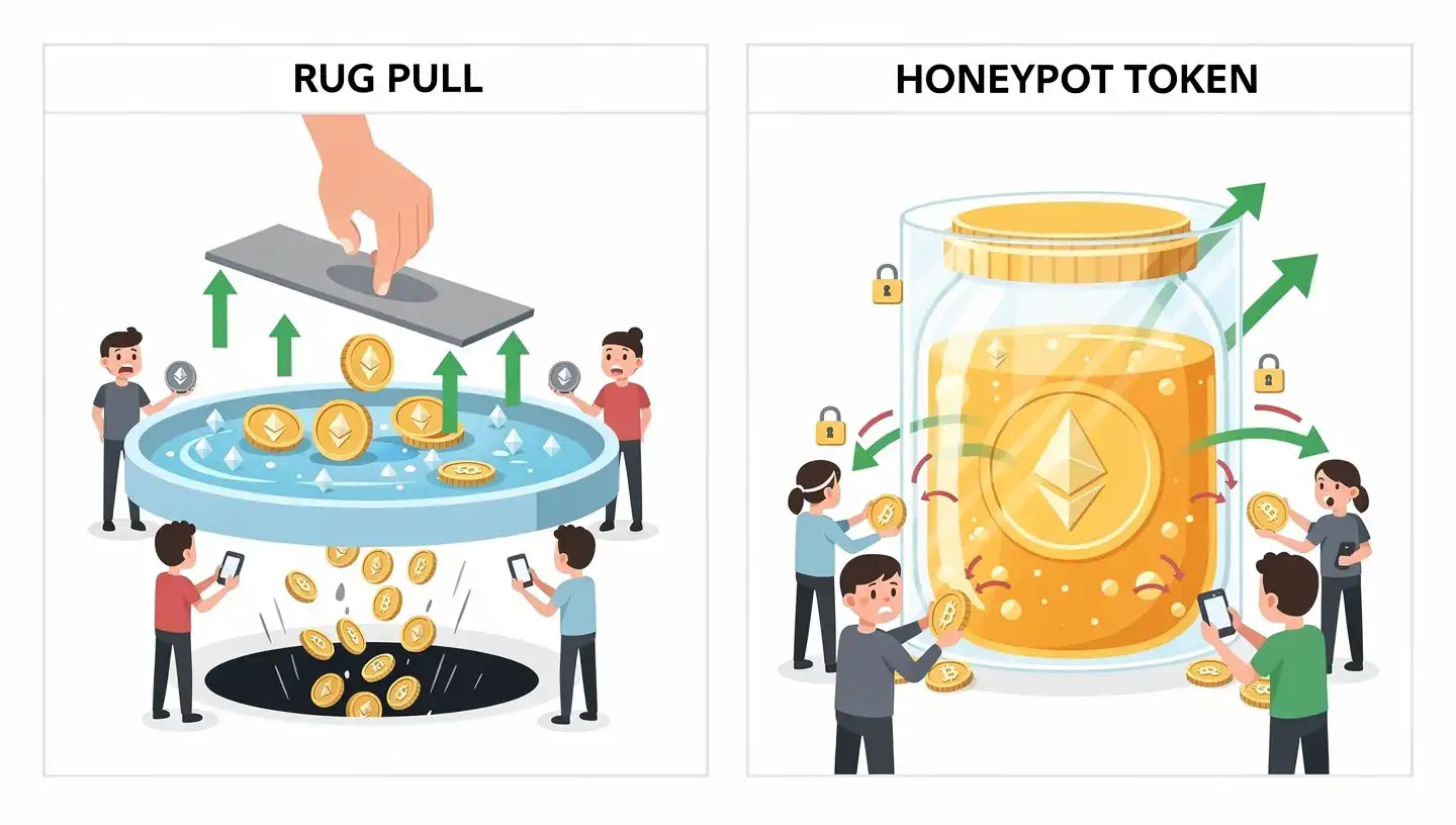 Rug pulls and honeypot tokens