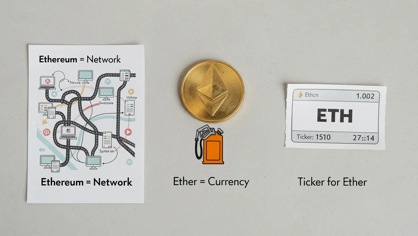 What's the difference between Ethereum, Ether, and ETH